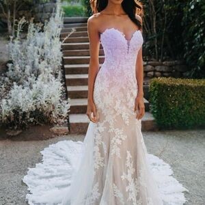 Pronovias Strapless Floral Lace Gown